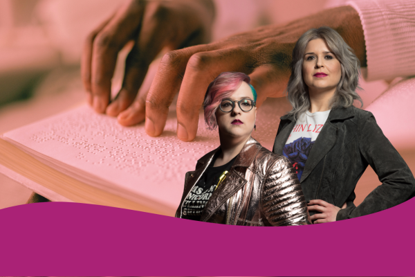 Graphic composition, collage style: in the background, the hands of a black man reading a book in Braille; in the foreground, two women looking at the camera. Both are shown from the waist up, wearing a T-shirt with a jacket over it. Finally, a frame with a wavy geometric pattern at the bottom of the image.